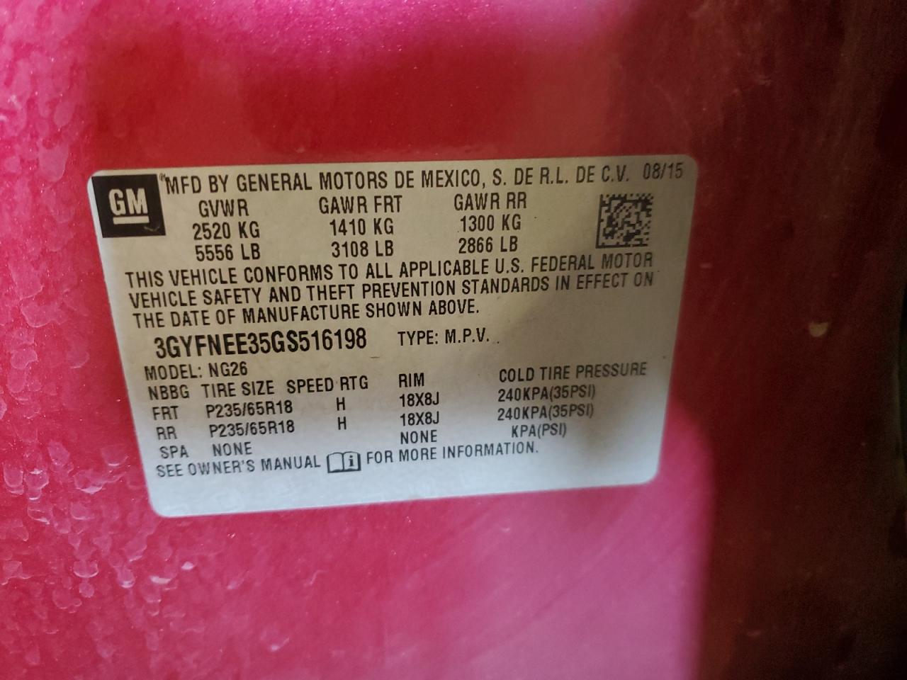 2016 Cadillac Srx Luxury Collection VIN: 3GYFNEE35GS516198 Lot: 92871855