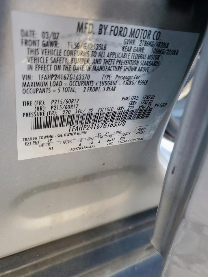 2007 Ford Five Hundred Sel VIN: 1FAHP24167G163370 Lot: 91472245