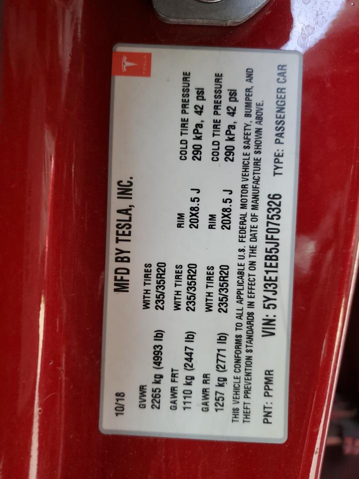 2018 Tesla Model 3 VIN: 5YJ3E1EB5JF075326 Lot: 92486585