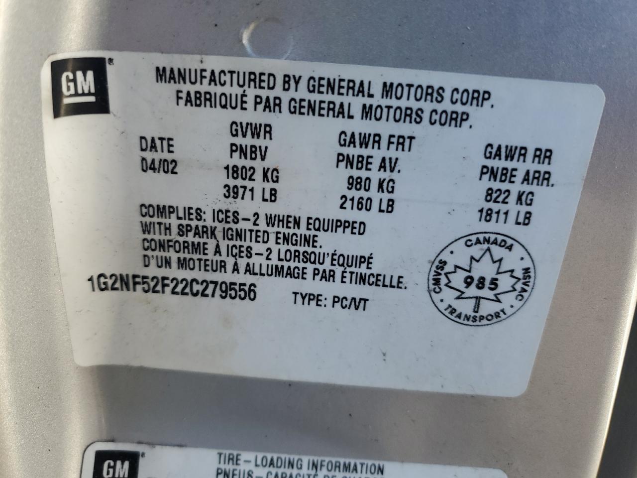 2002 Pontiac Grand Am Se1 VIN: 1G2NF52F22C279556 Lot: 90675855