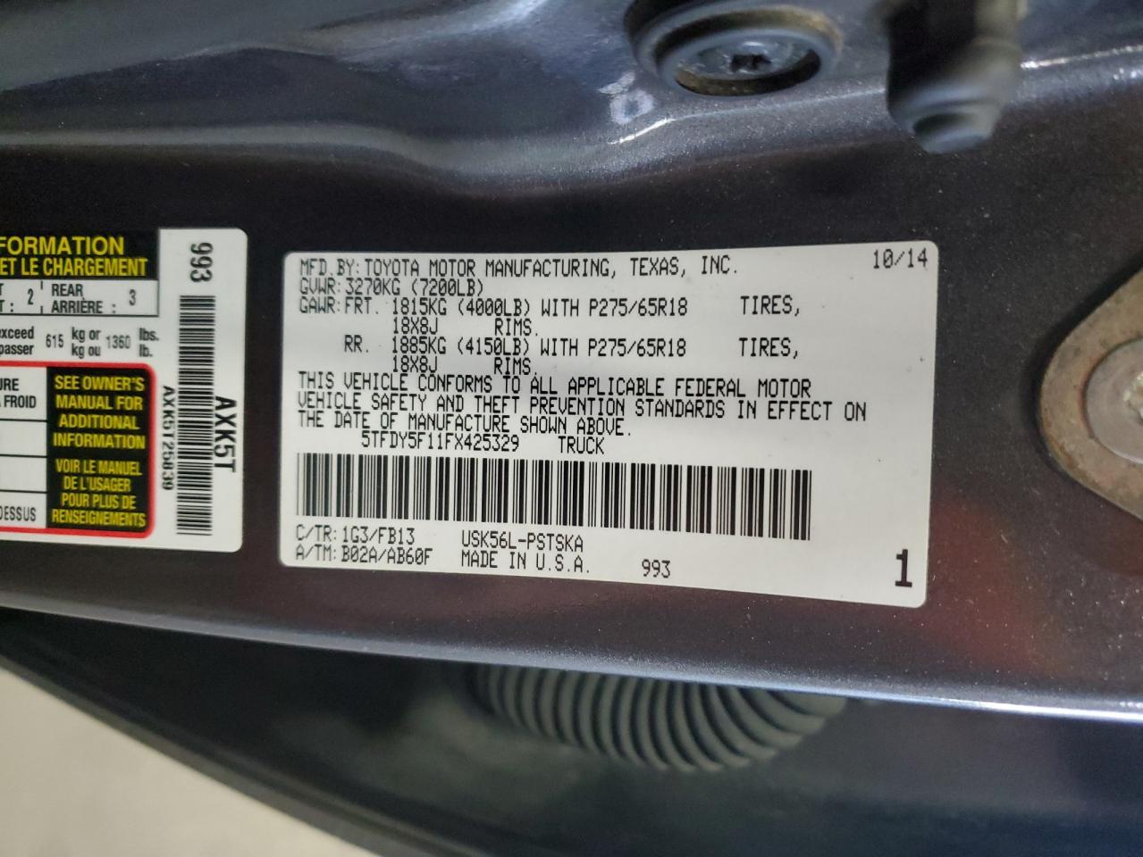 2015 Toyota Tundra Crewmax Sr5 VIN: 5TFDY5F11FX425329 Lot: 93861765