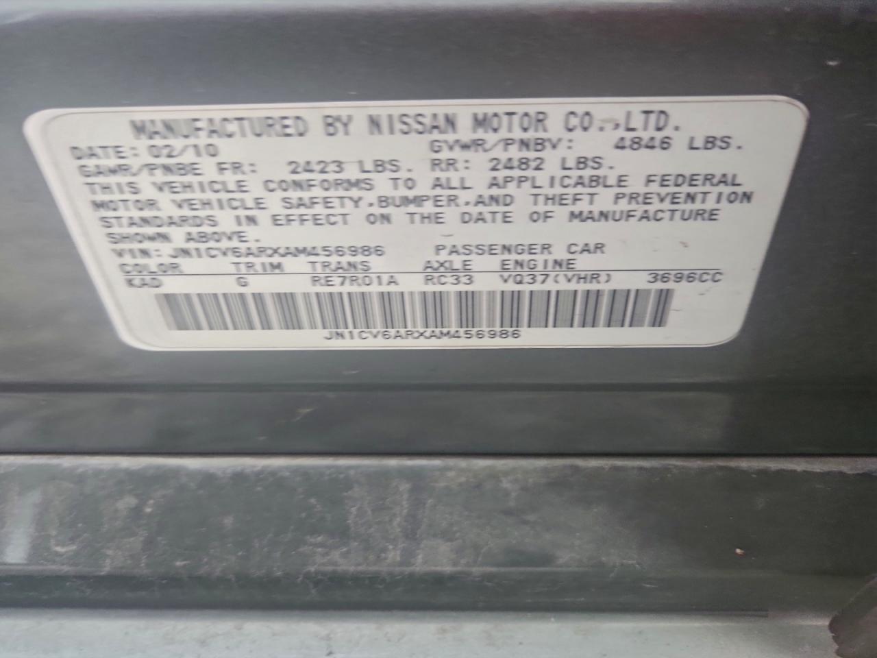 2010 Infiniti G37 VIN: JN1CV6ARXAM456986 Lot: 92053015