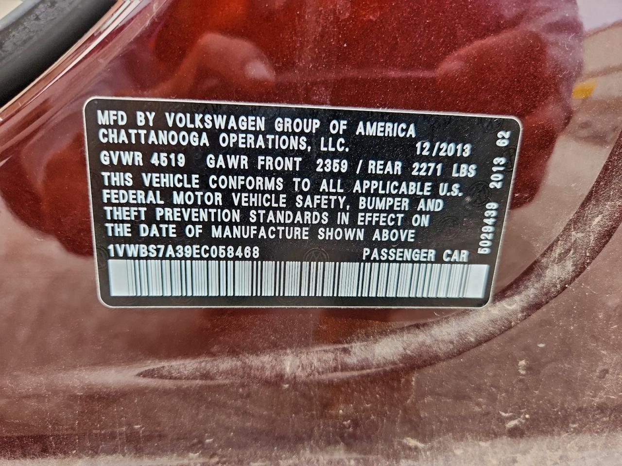 2014 Volkswagen Passat Se VIN: 1VWBS7A39EC058468 Lot: 93914205