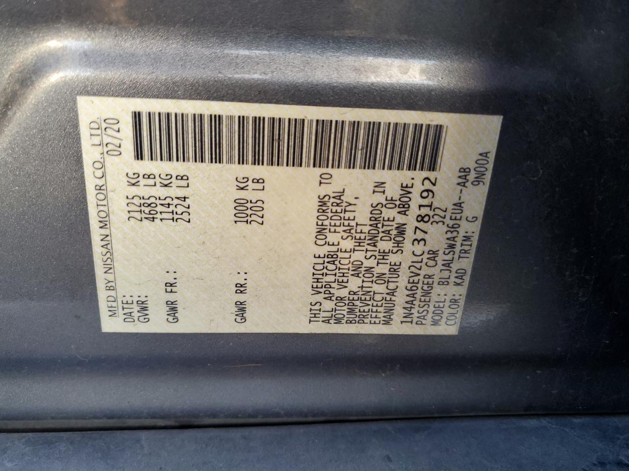 2020 Nissan Maxima Sr VIN: 1N4AA6EV2LC378192 Lot: 92321325