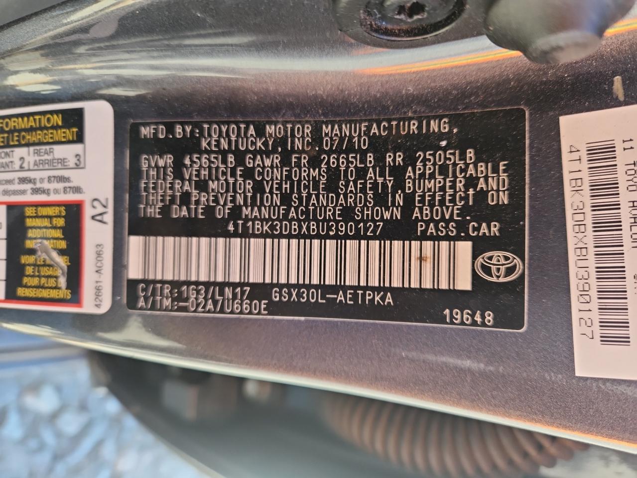 2011 Toyota Avalon Base VIN: 4T1BK3DBXBU390127 Lot: 91926895