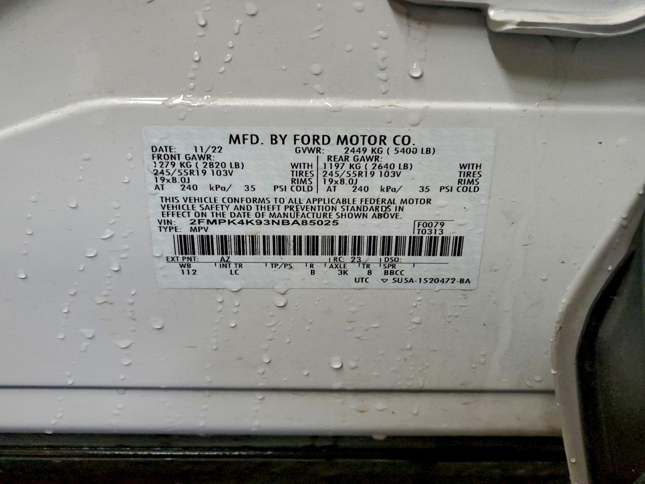 2022 Ford Edge Titanium VIN: 2FMPK4K93NBA85025 Lot: 94176795