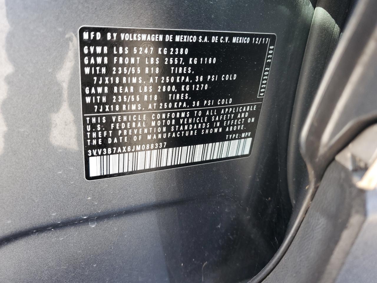 2018 Volkswagen Tiguan Se VIN: 3VV3B7AX6JM088337 Lot: 92801715