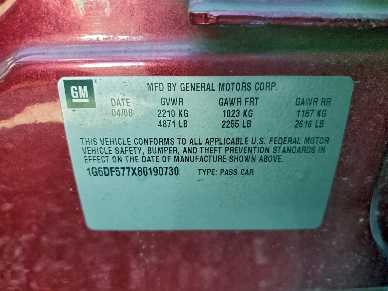 2008 Cadillac Cts VIN: 1G6DF577X80190730 Lot: 94163445