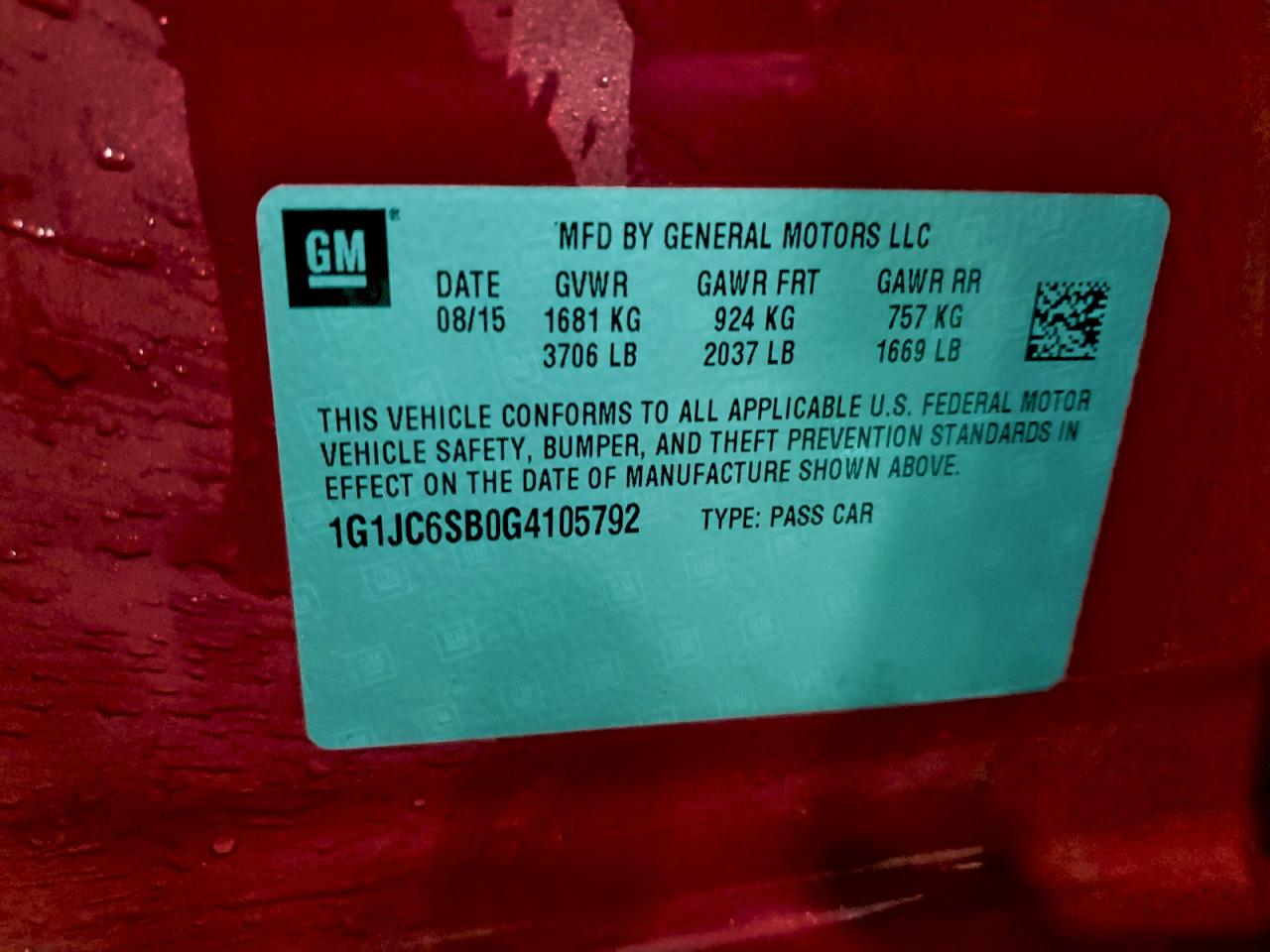 2016 Chevrolet Sonic Lt VIN: 1G1JC6SB0G4105792 Lot: 94063315