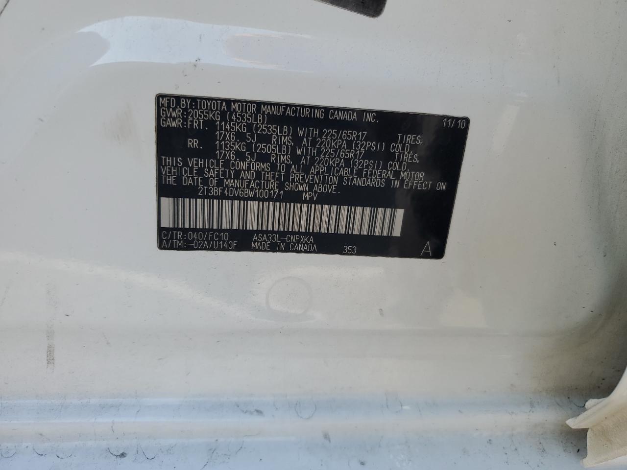 2011 Toyota Rav4 VIN: 2T3BF4DV6BW100171 Lot: 93352455