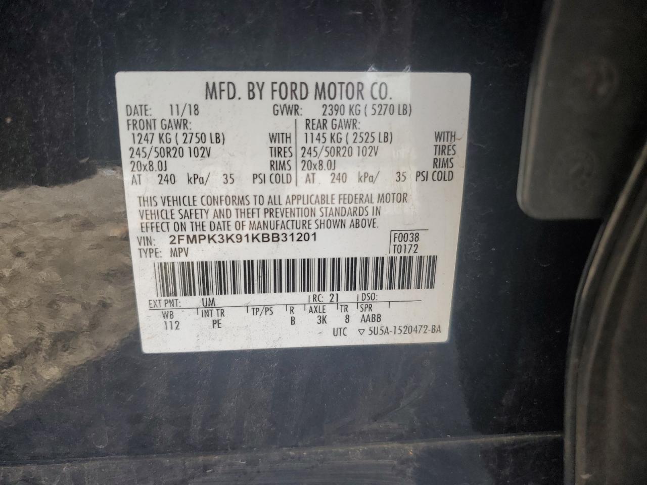 2019 Ford Edge Titanium VIN: 2FMPK3K91KBB31201 Lot: 92951175