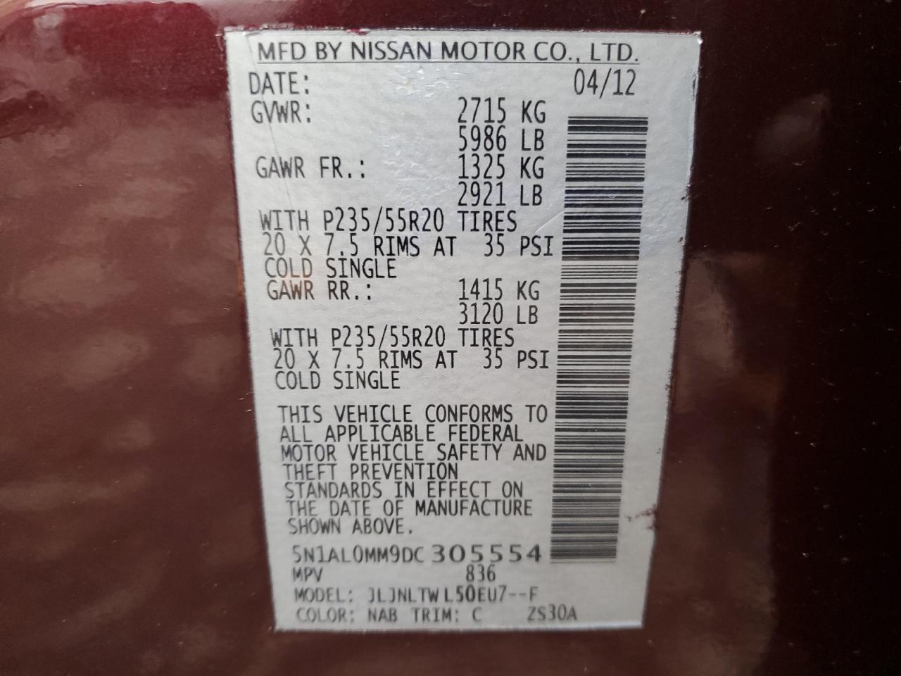 2013 Infiniti Jx35 VIN: 5N1AL0MM9DC305554 Lot: 92495905