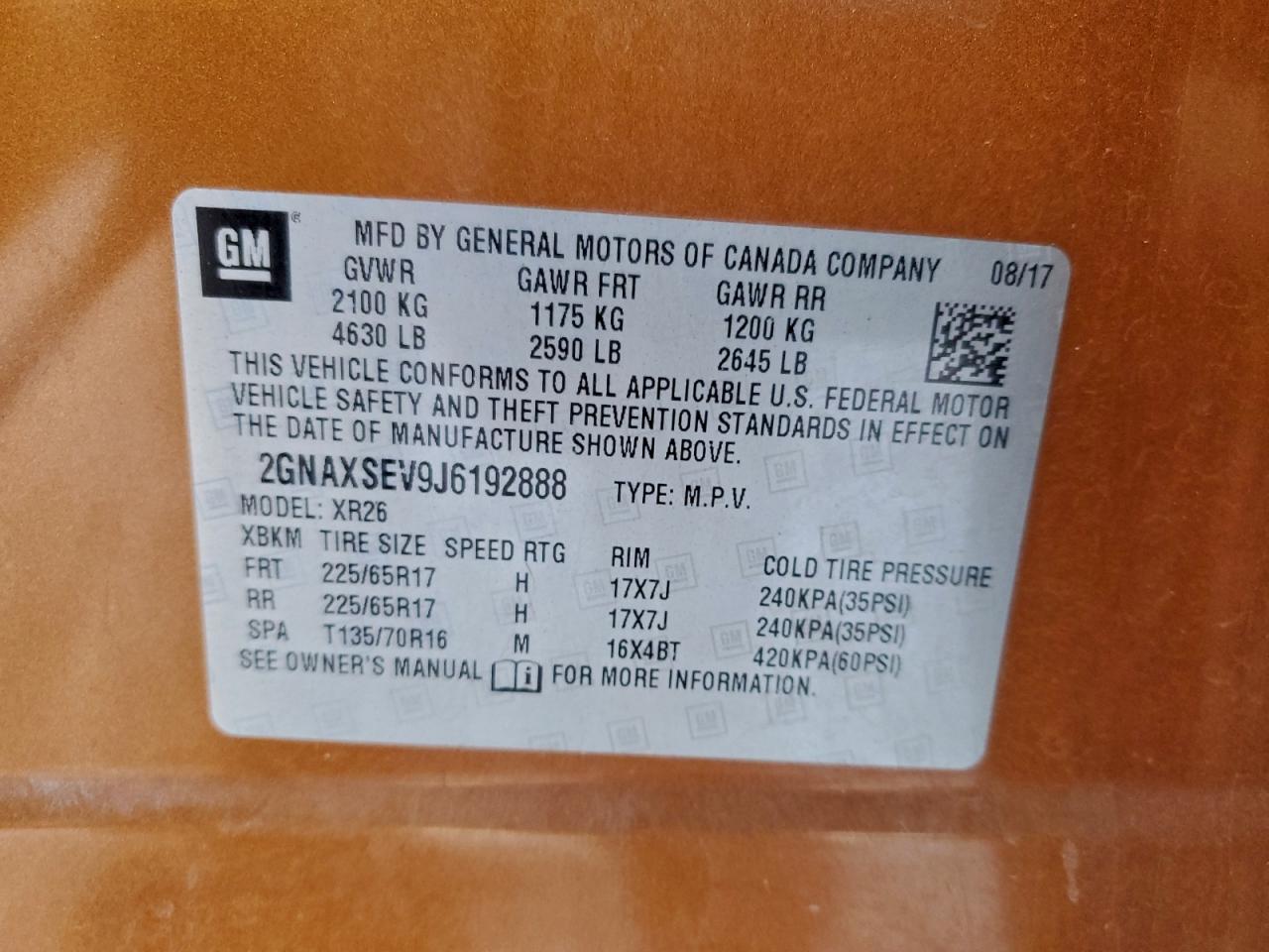 2018 Chevrolet Equinox Lt VIN: 2GNAXSEV9J6192888 Lot: 92616885