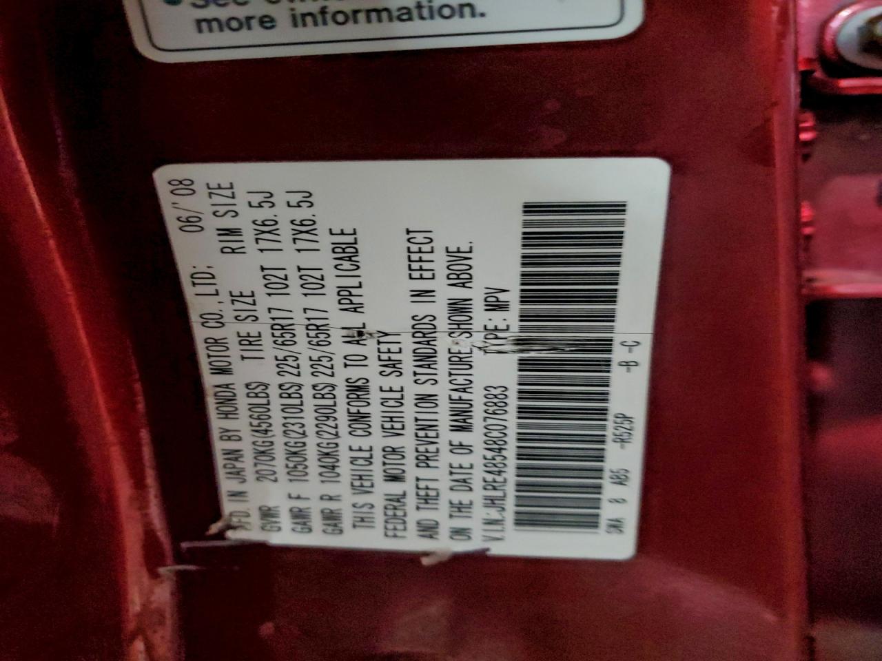 2008 Honda Cr-V Ex VIN: JHLRE48548C076883 Lot: 94745115