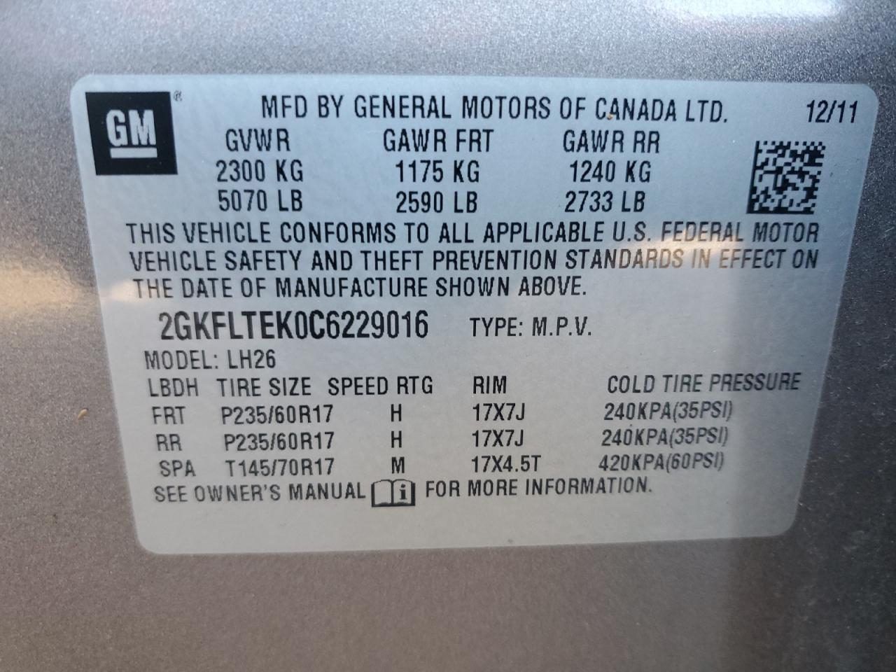 2012 GMC Terrain Sle VIN: 2GKFLTEK0C6229016 Lot: 93155385