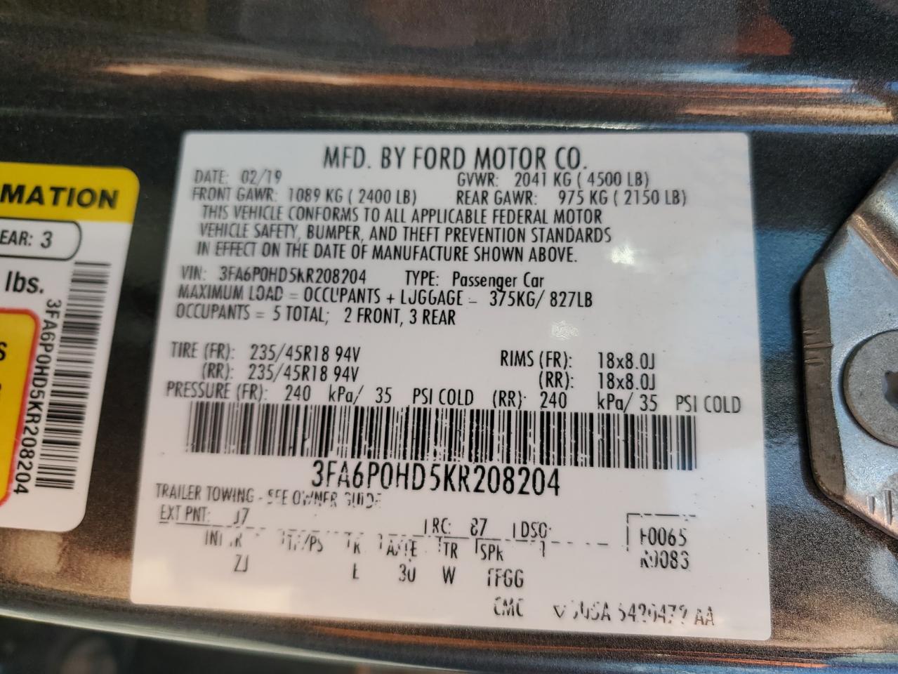 2019 Ford Fusion Se VIN: 3FA6P0HD5KR208204 Lot: 92704995