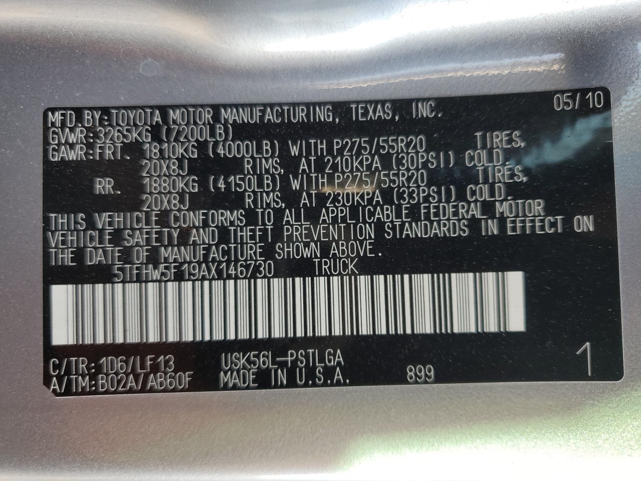2010 Toyota Tundra Crewmax Limited VIN: 5TFHW5F19AX146730 Lot: 92507245
