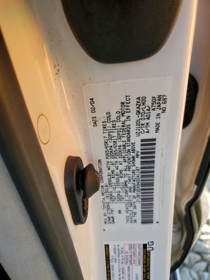 2004 Lexus Gx 470 VIN: JTJBT20X940041187 Lot: 92530635