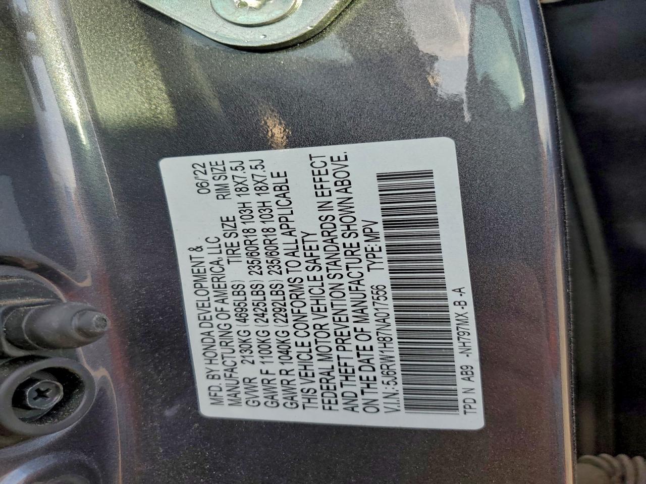 2022 Honda Cr-V Exl VIN: 5J6RW1H87NA017556 Lot: 93746025