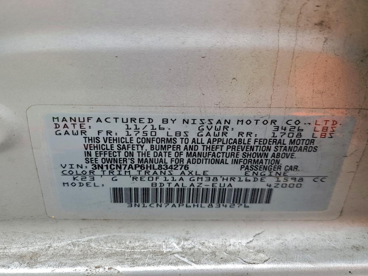 2017 Nissan Versa S VIN: 3N1CN7AP6HL834276 Lot: 94390865