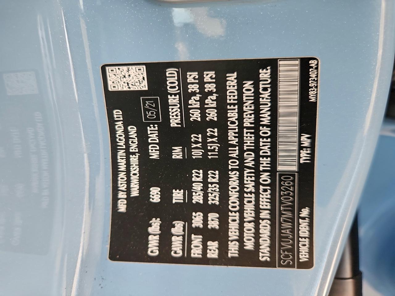 2021 Aston Martin Dbx VIN: SCFVUJAW7MTV03260 Lot: 94503645