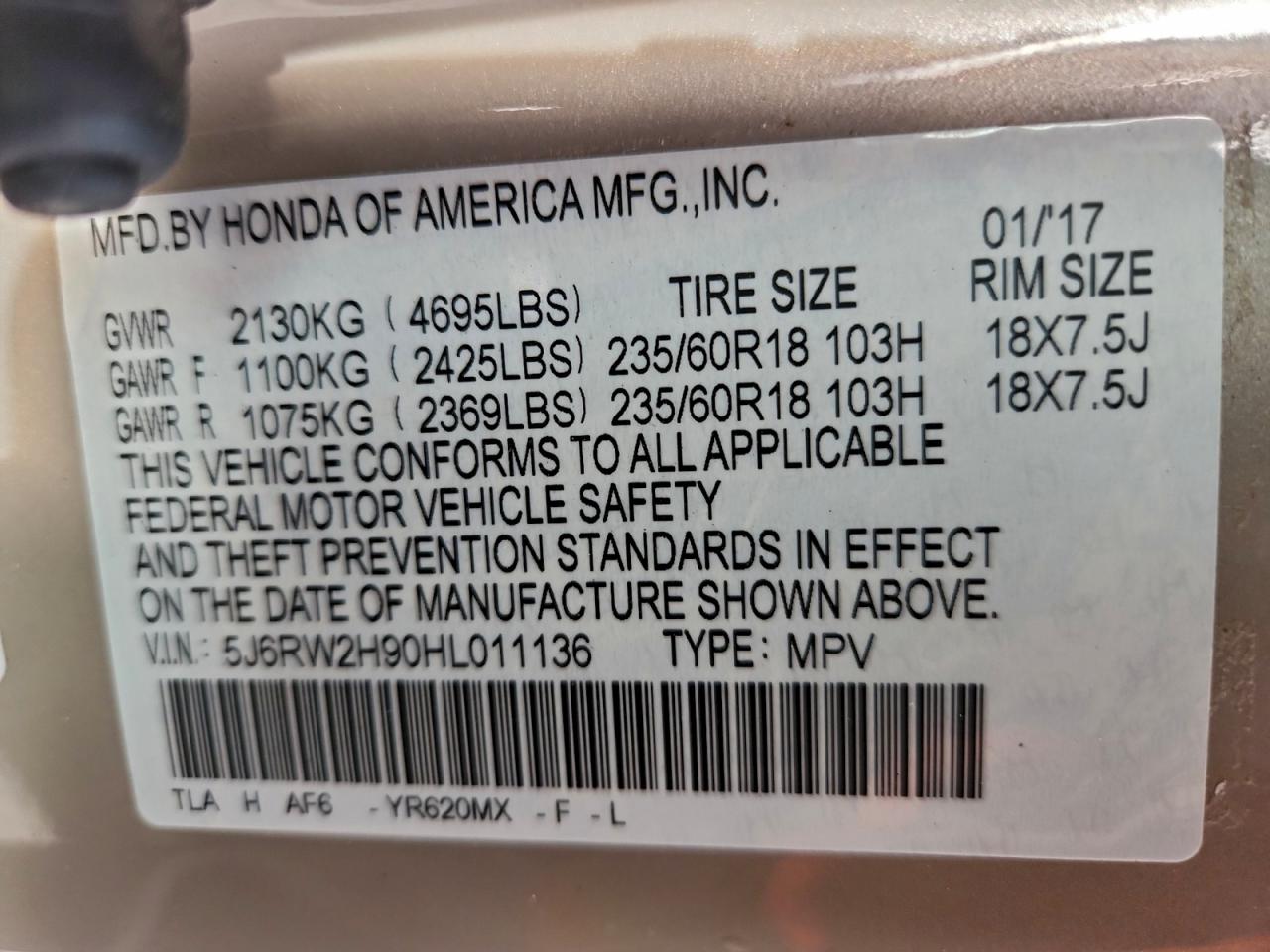 2017 Honda Cr-V Touring VIN: 5J6RW2H90HL011136 Lot: 94347185
