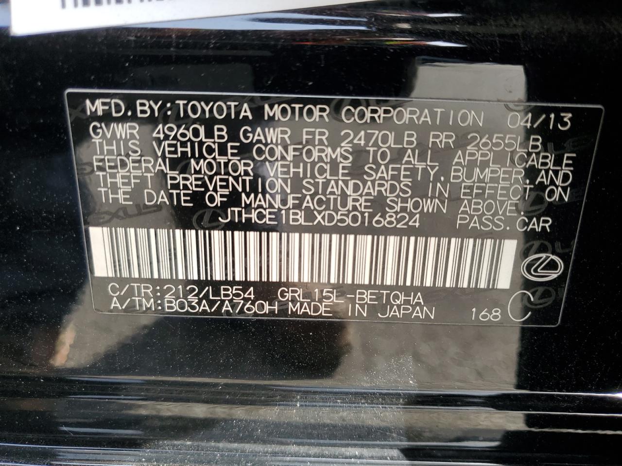 2013 Lexus Gs 350 VIN: JTHCE1BLXD5016824 Lot: 91818515