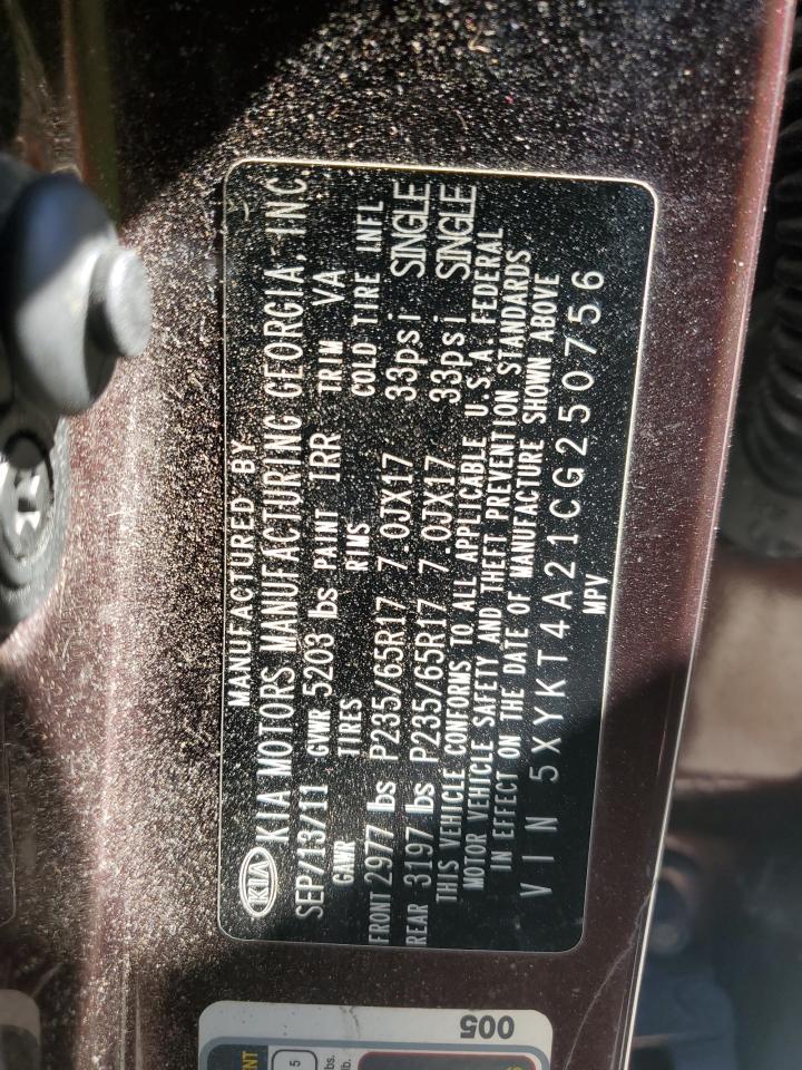 2012 Kia Sorento Base VIN: 5XYKT4A21CG250756 Lot: 92106215