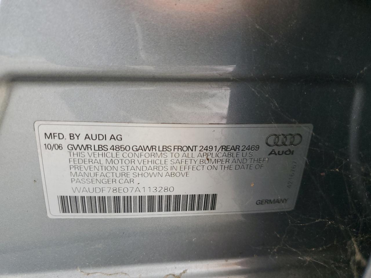 2007 Audi A4 2.0T Quattro VIN: WAUDF78E07A113280 Lot: 93104285