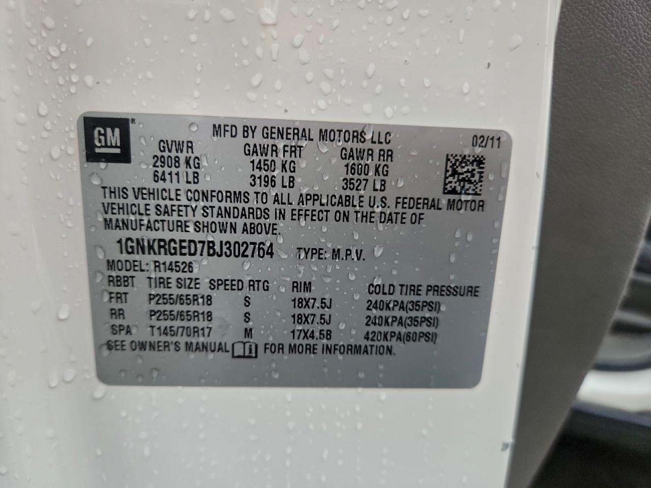 2011 Chevrolet Traverse Lt VIN: 1GNKRGED7BJ302764 Lot: 87385645