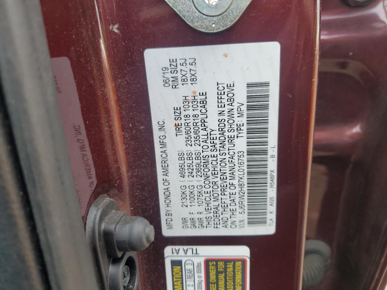 2019 Honda Cr-V Exl VIN: 5J6RW2H87KL016753 Lot: 92838495