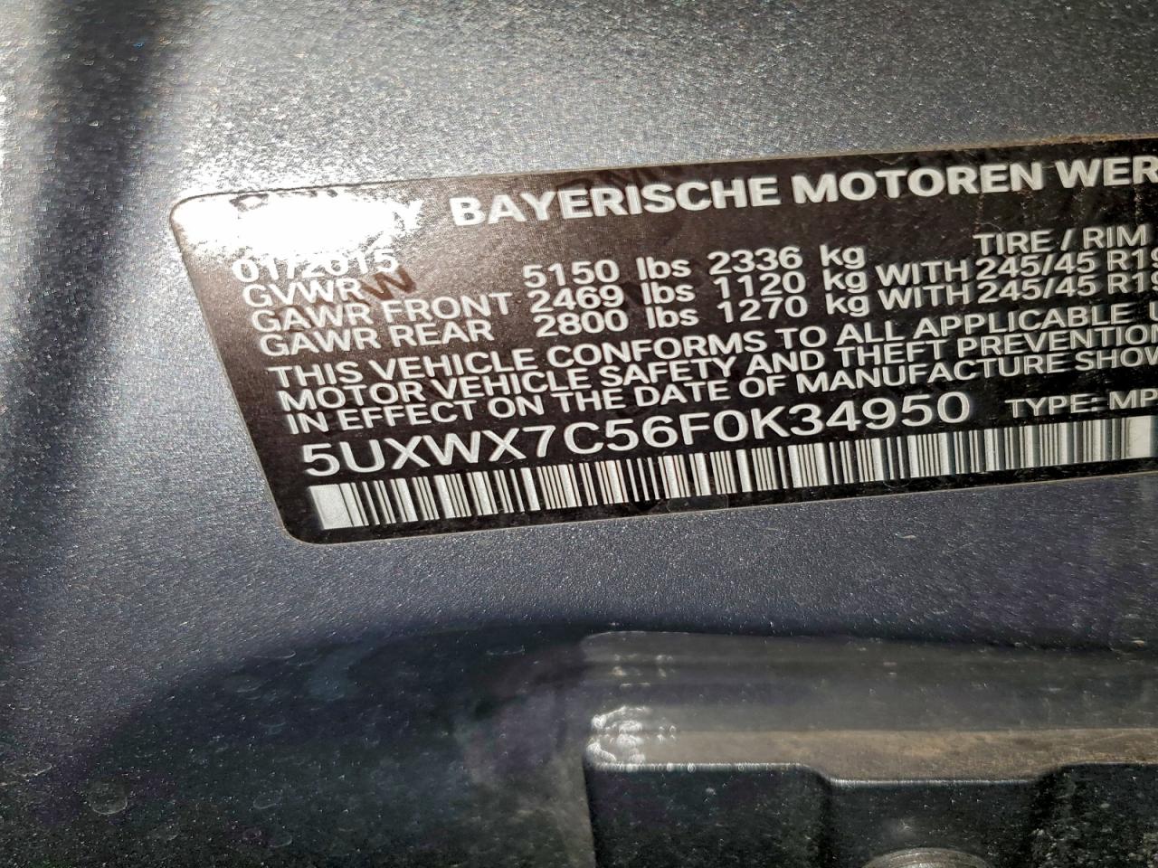 2015 BMW X3 xDrive35I VIN: 5UXWX7C56F0K34950 Lot: 94584215