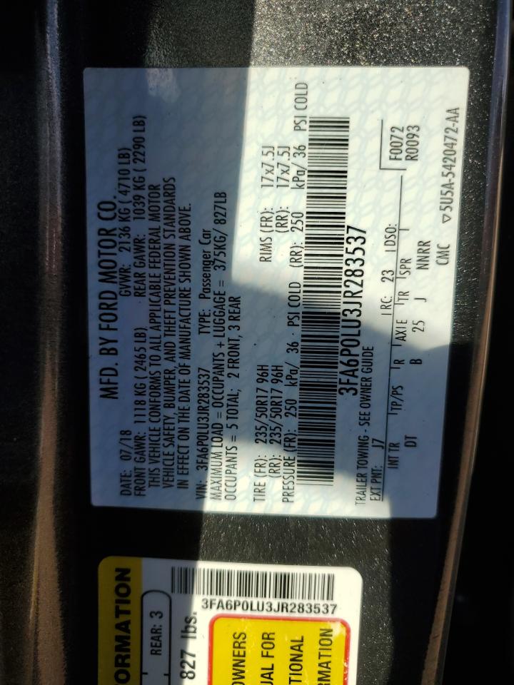 2018 Ford Fusion Se Hybrid VIN: 3FA6P0LU3JR283537 Lot: 93144755