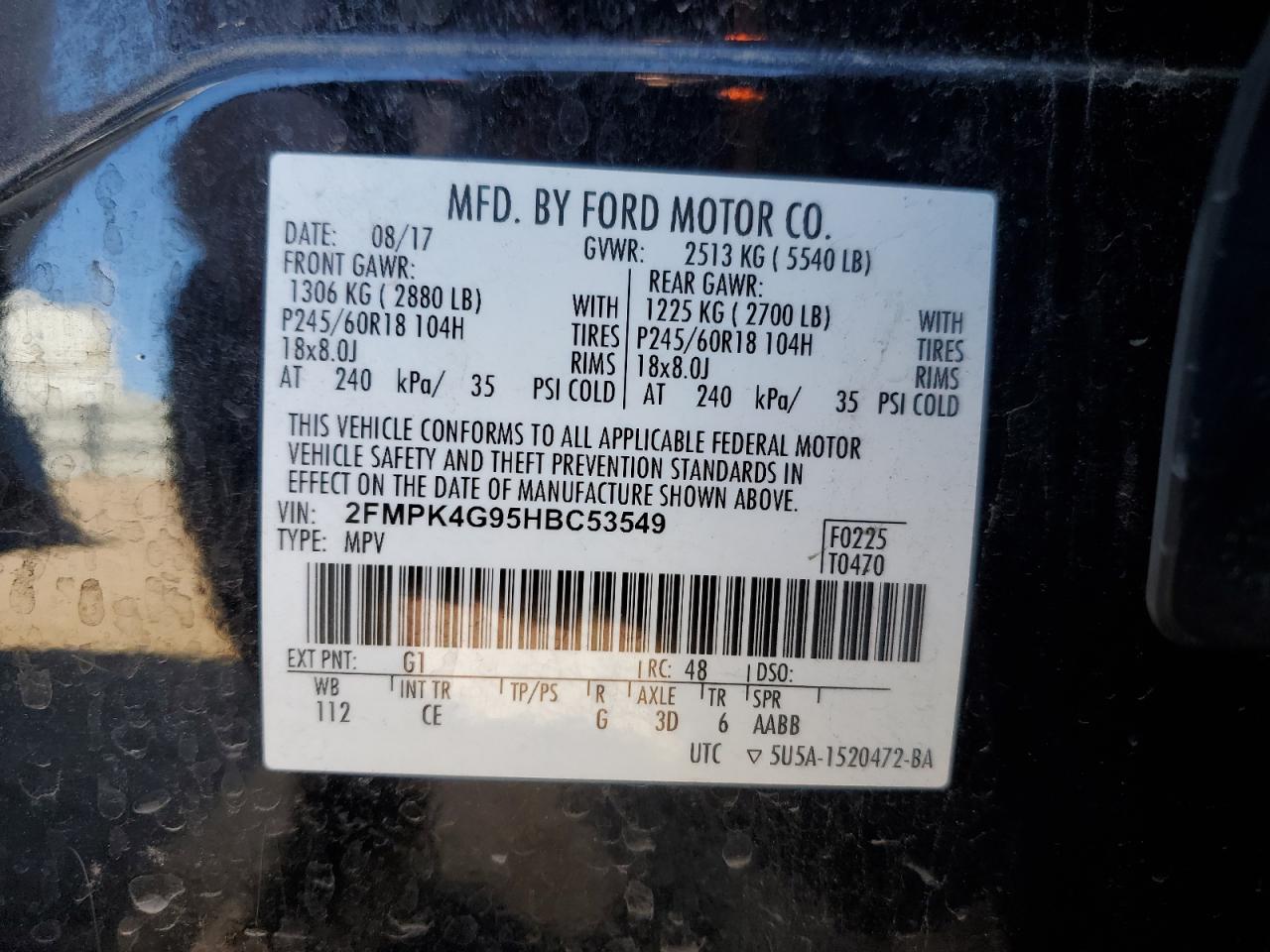 2017 Ford Edge Se VIN: 2FMPK4G95HBC53549 Lot: 91347395