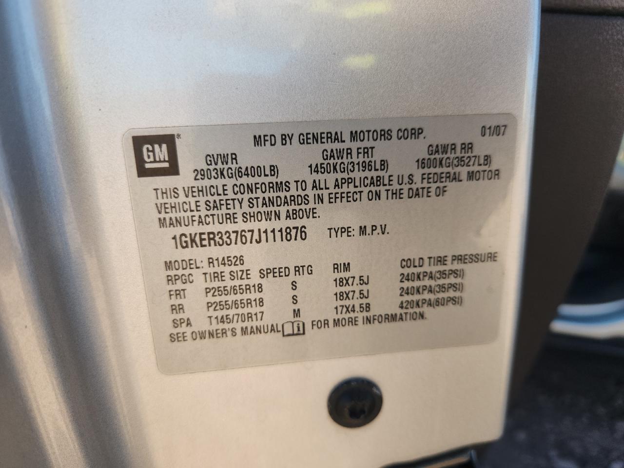 2007 GMC Acadia Slt-2 VIN: 1GKER33767J111876 Lot: 91480925