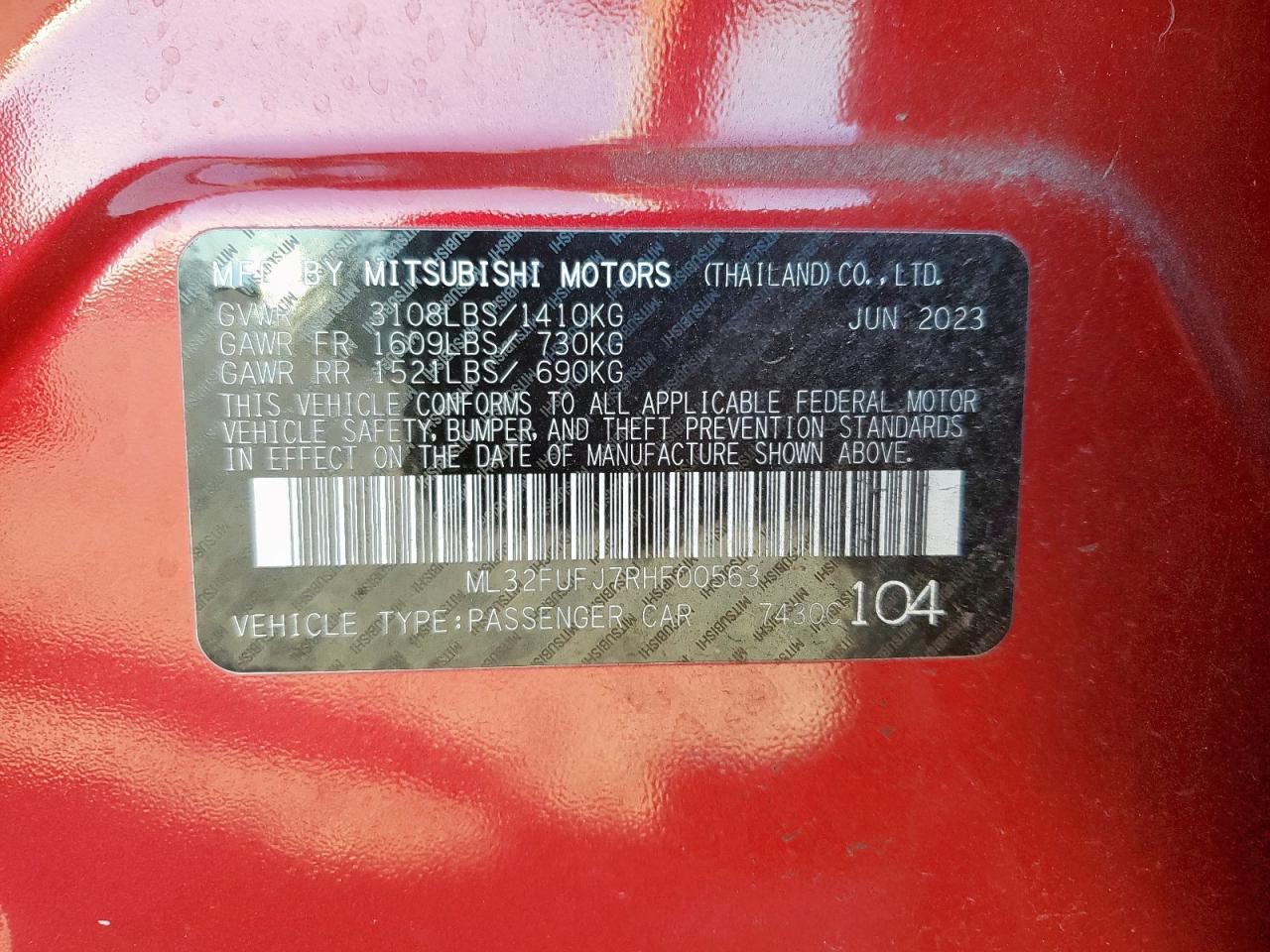 2024 Mitsubishi Mirage G4 Es VIN: ML32FUFJ7RHF00563 Lot: 92343615