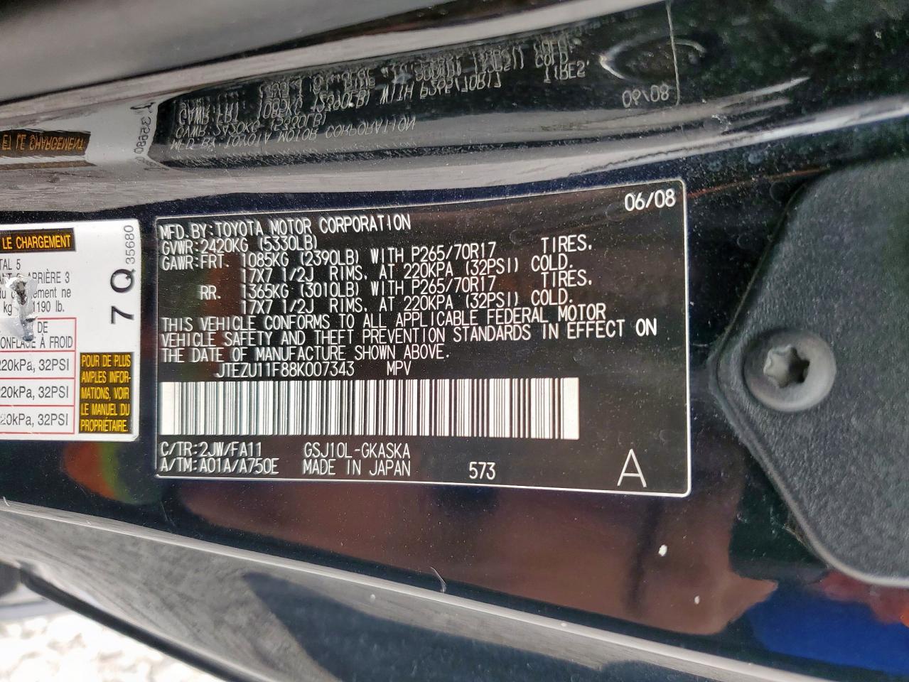 2008 Toyota Fj Cruiser VIN: JTEZU11F88K007343 Lot: 92631945