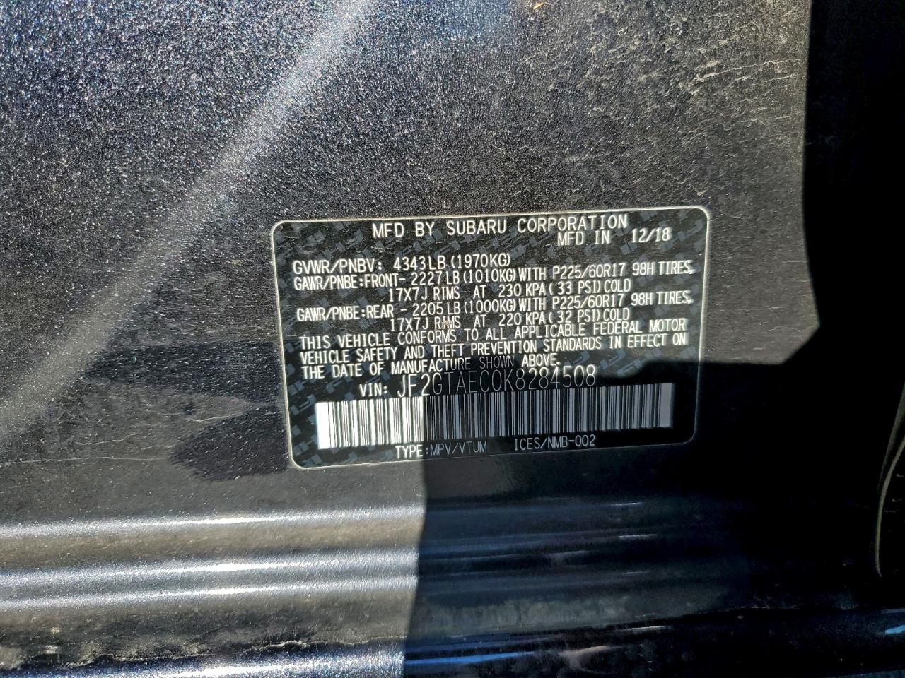 2019 Subaru Crosstrek Premium VIN: JF2GTAEC0K8284508 Lot: 94070945