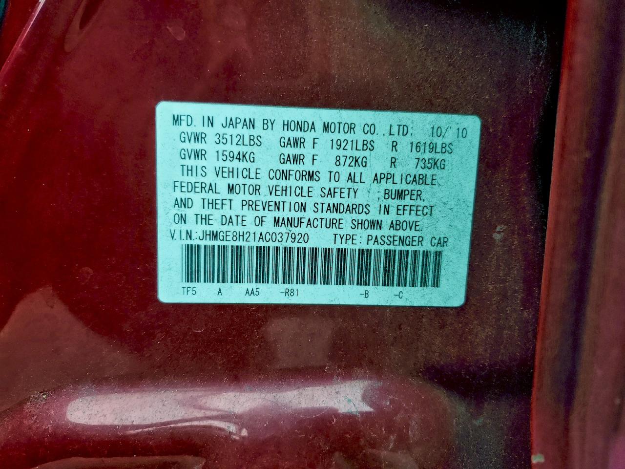 2010 Honda Fit VIN: JHMGE8H21AC037920 Lot: 94087555