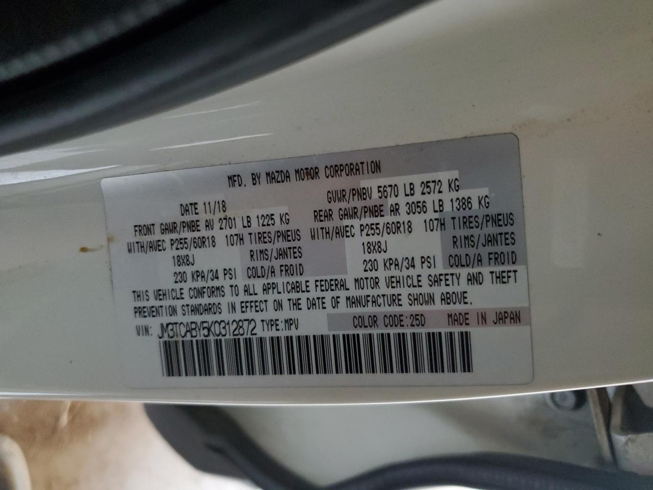 2019 Mazda Cx-9 Sport VIN: JM3TCABY5K0312872 Lot: 92102905