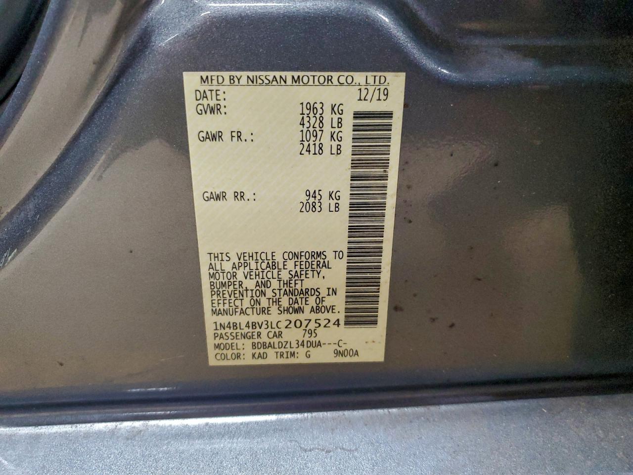 2020 Nissan Altima S VIN: 1N4BL4BV3LC207524 Lot: 94115315