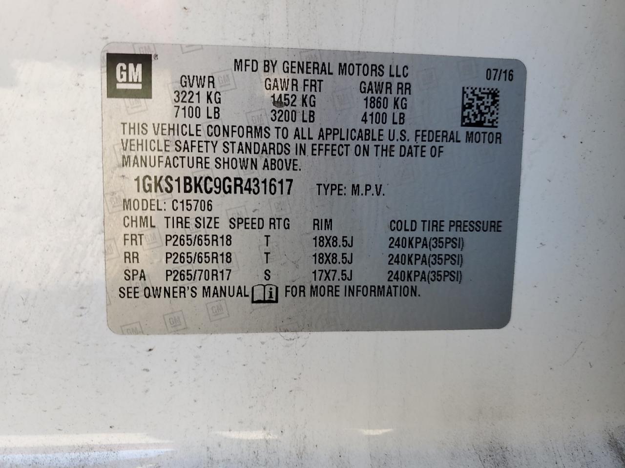 2016 GMC Yukon Slt VIN: 1GKS1BKC9GR431617 Lot: 92635115