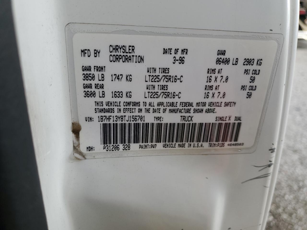 1996 Dodge Ram 1500 VIN: 1B7HF13Y8TJ156701 Lot: 92047135
