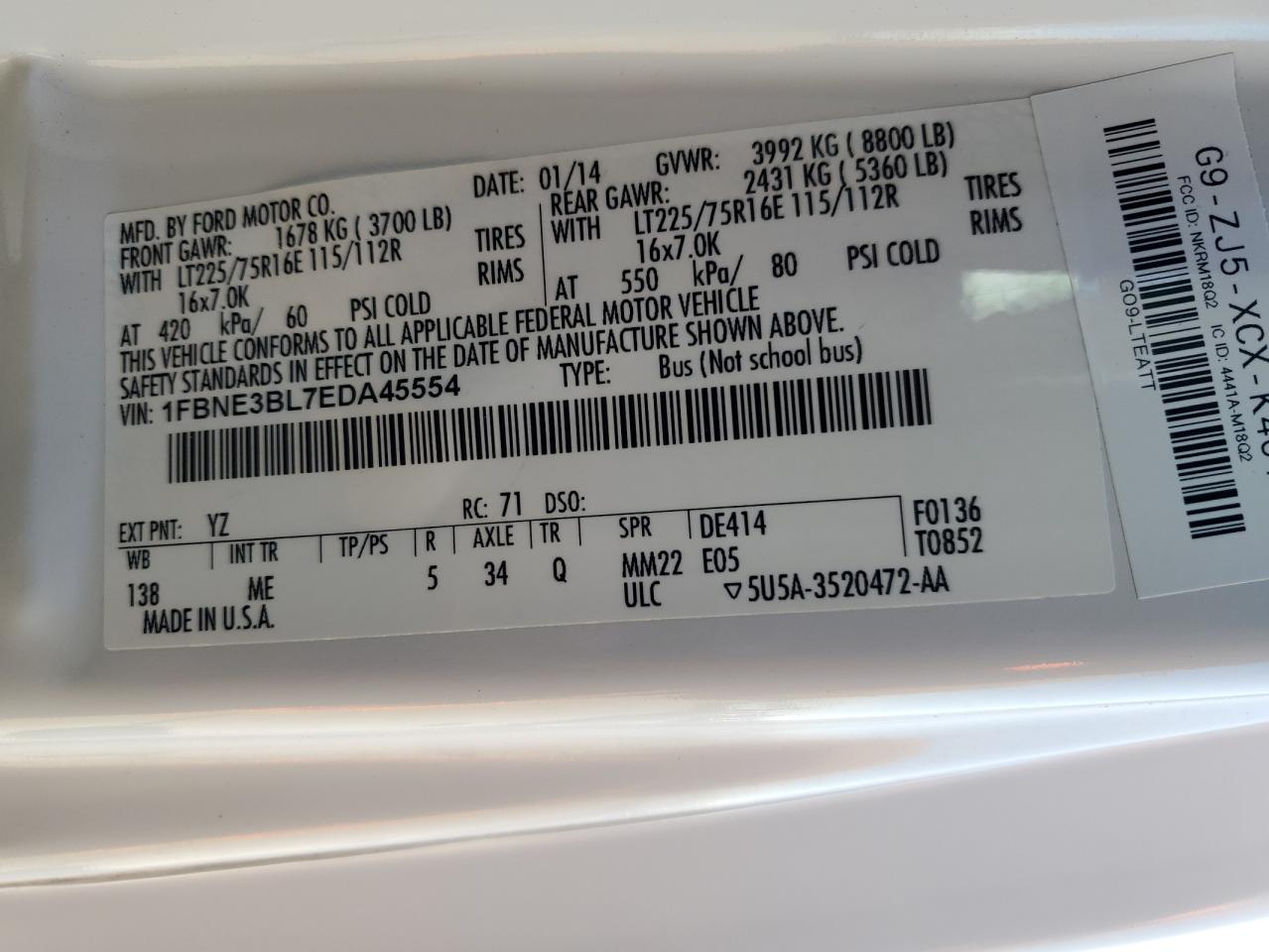 2014 Ford Econoline E350 Super Duty Wagon VIN: 1FBNE3BL7EDA45554 Lot: 91507425