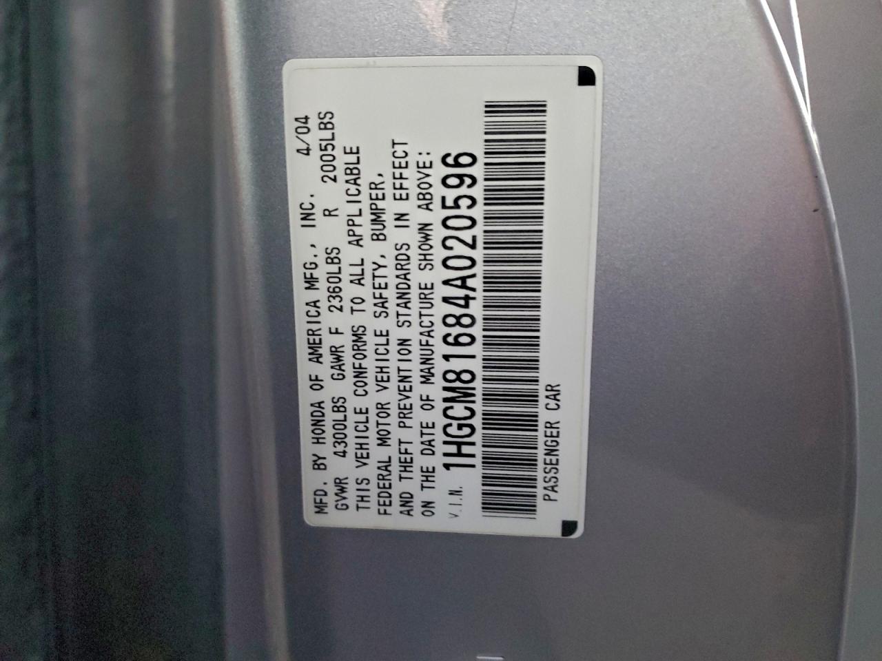 2004 Honda Accord Ex VIN: 1HGCM81684A020596 Lot: 94315625