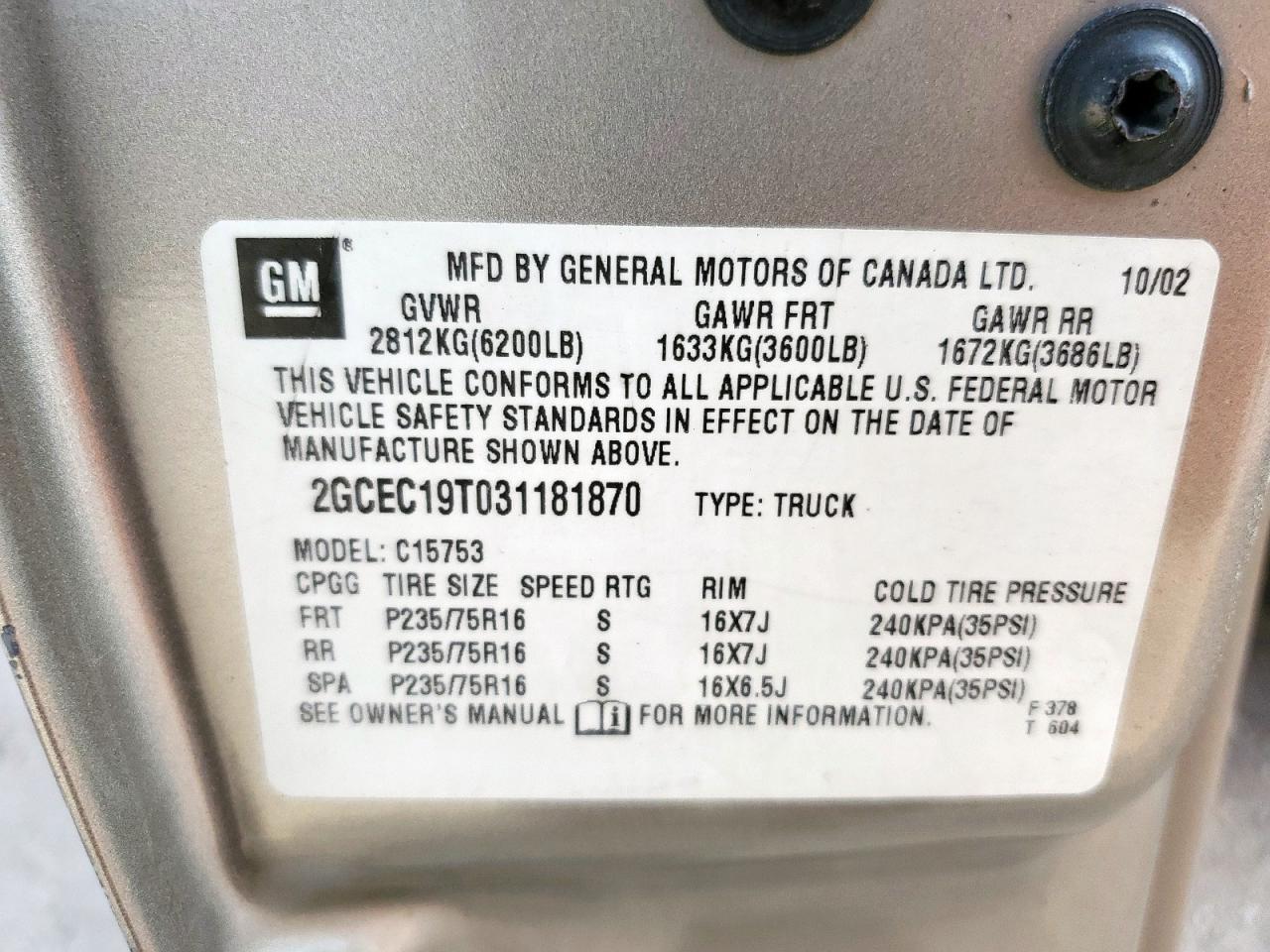 2003 Chevrolet Silverado C1500 VIN: 2GCEC19T031181870 Lot: 93446075