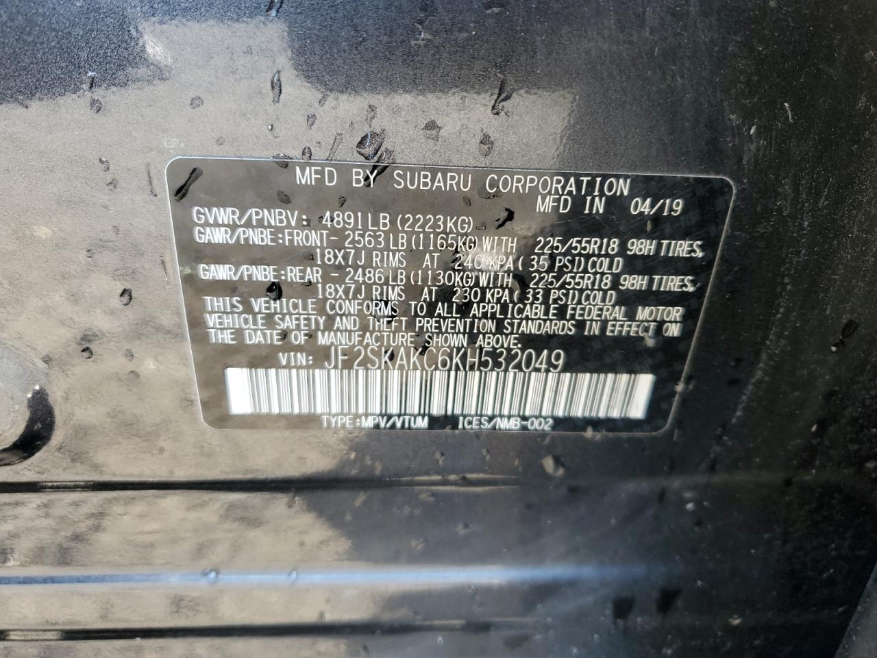 2019 Subaru Forester Sport VIN: JF2SKAKC6KH532049 Lot: 91171905