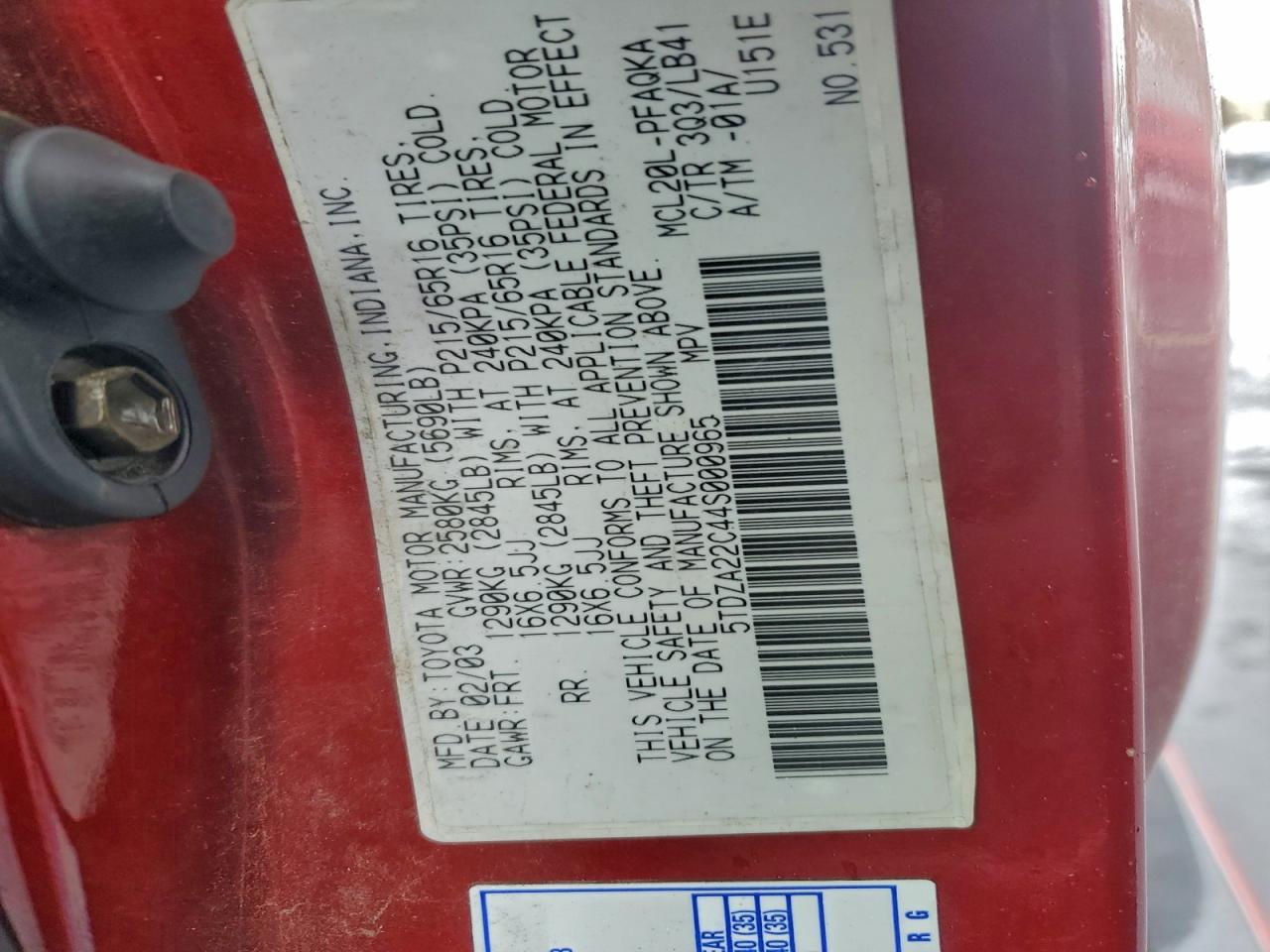 2004 Toyota Sienna Xle VIN: 5TDZA22C44S000965 Lot: 94477155