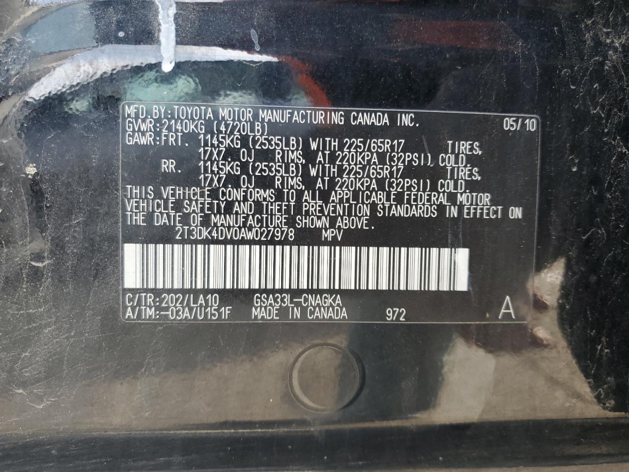 2010 Toyota Rav4 Limited VIN: 2T3DK4DV0AW027978 Lot: 92035695