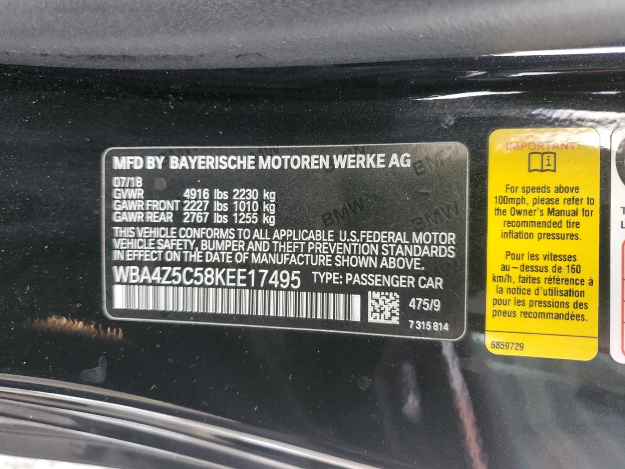 2019 BMW 440I VIN: WBA4Z5C58KEE17495 Lot: 92817615